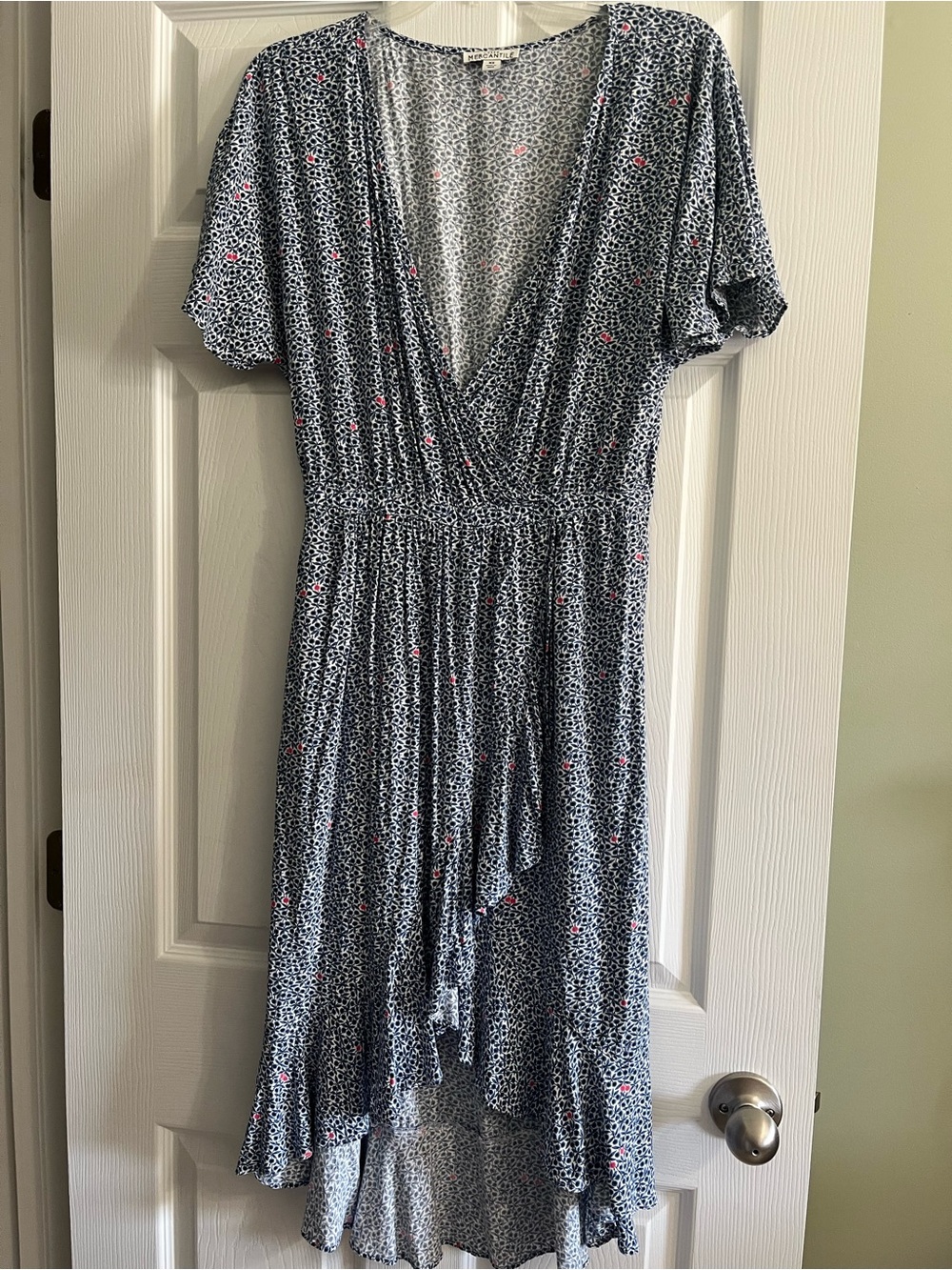 J. Crew Blue Floral Wrap Midi Dress with Pink Accents